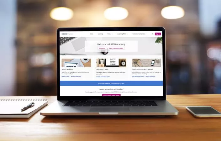 Laptop displaying the user interface for EBSCO Academy.